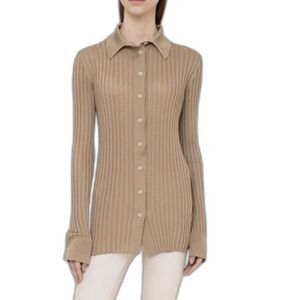 Bottega Veneta Womens Sz L Ribbed Silk Long Sleeve Button-up Shirt Beige Nwot